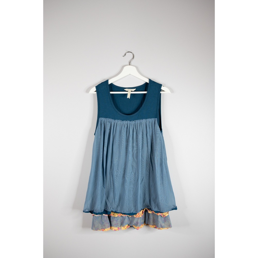 Matilda Jane School Spirit Mesh‎ Layered Tank Women's M Blue Tunic Floral Ruffle